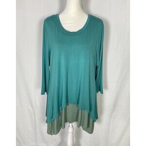 LOGO by Lori Goldstein Tunic Shirt Sz Large Sharkbite Hem Teal Green Knit Layers